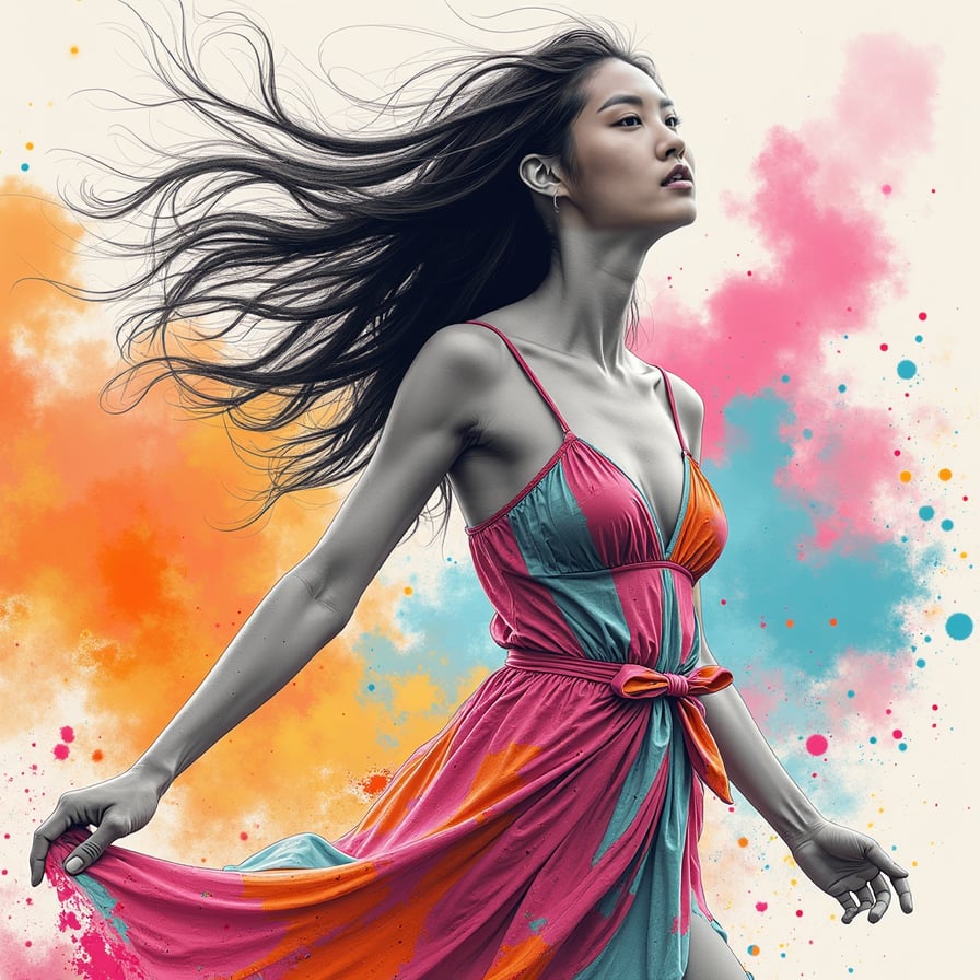 A fully coloured  vibrant sketch of a young woman dancing at a lively festival, her dress swirling around her as she moves to the rhythm of the music. The sketch is filled with splashes of bright colors—pink, orange, blue, and yellow—representing the energy and celebration in the air. Her expression is joyful, her hair flowing wildly in the wind, with abstract patterns and colorful smoke filling the background. The lines are quick and loose, emphasizing the movement, while the bold, saturated colors create a sense of excitement and freedom.