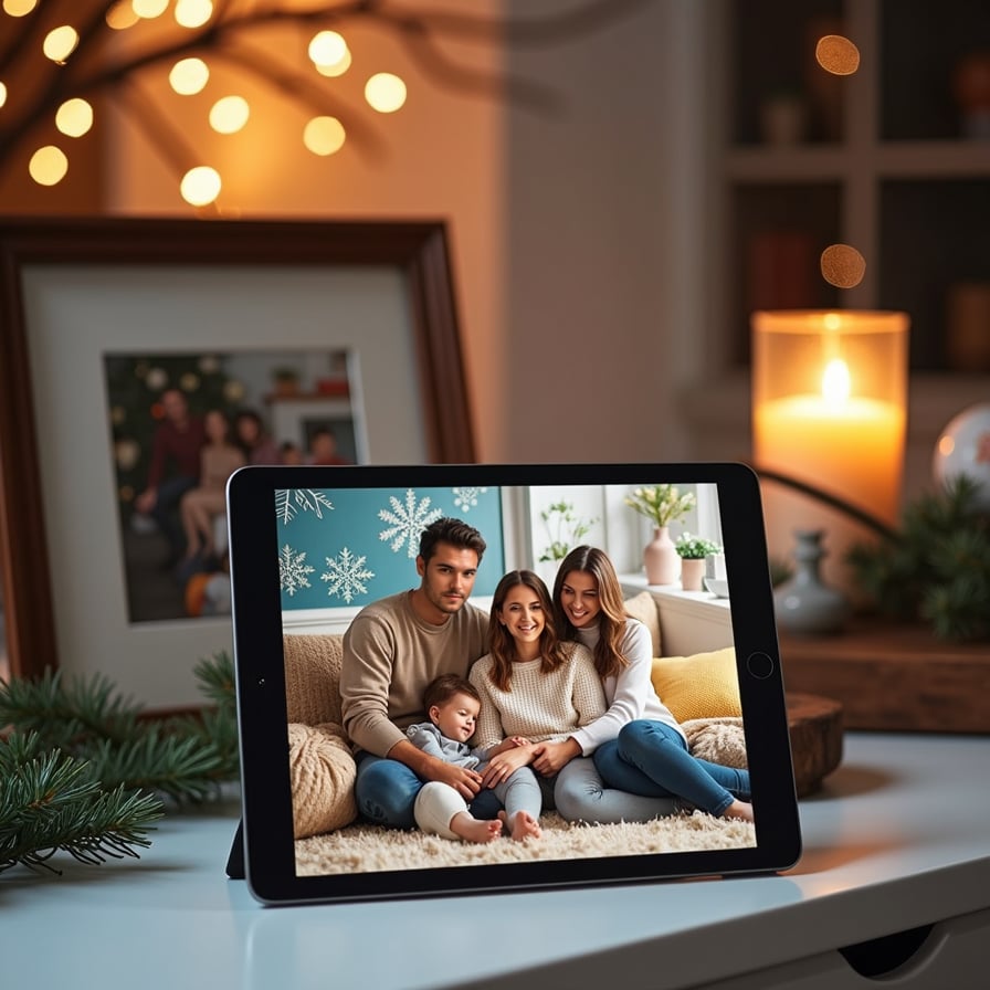 A montage-like arrangement: a family photo sitting in a frame, a printed holiday postcard showcasing the cozy living room, and a digital tablet displaying a festive collage of AI-generated images. All arranged on a table with a candle, a small pine branch, and a sense of warmth and nostalgia.