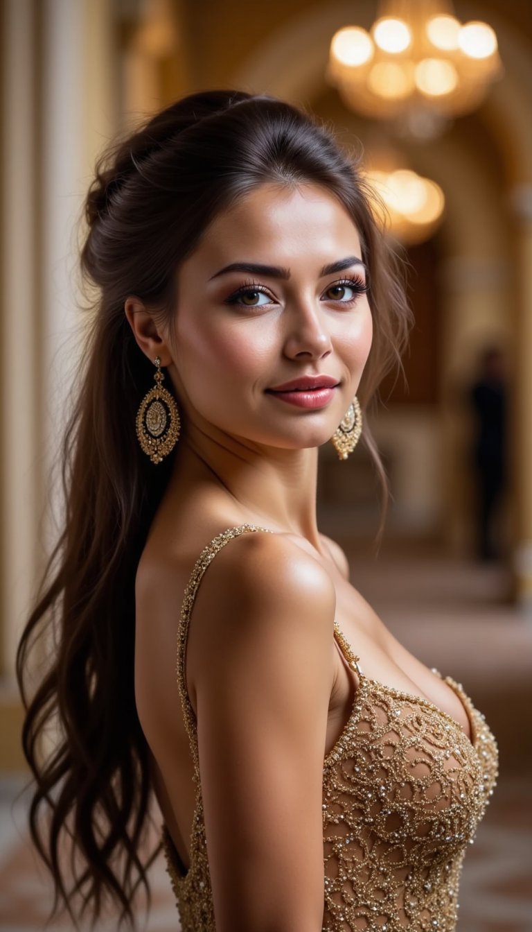 Close-up portrait of a serene Indian woman wearing a rudraksha mala, soft natural lighting, peaceful expression, focus on the beads and her face, shallow depth of field, soft bokeh, spiritual aura