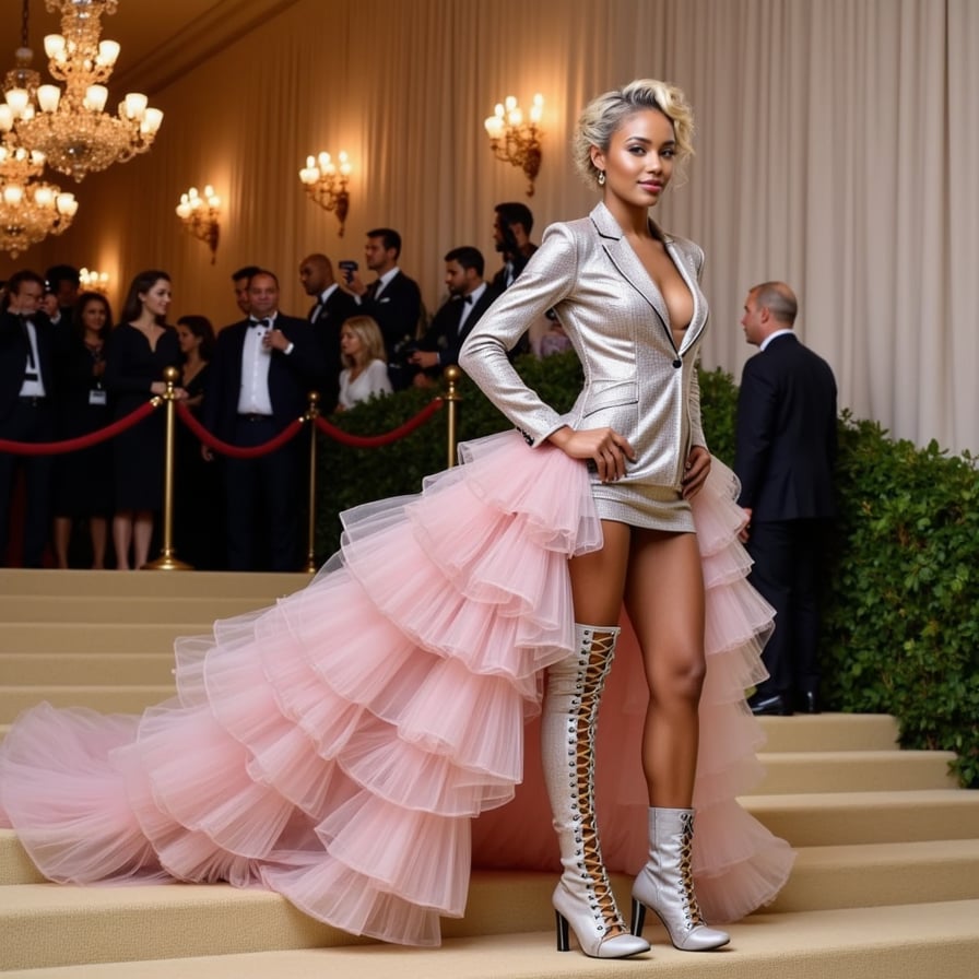 A woman in a gender-defying Met Gala suit-dress hybrid — tailored blazer with cascading tulle train, combat boots, and bold, bleached brows