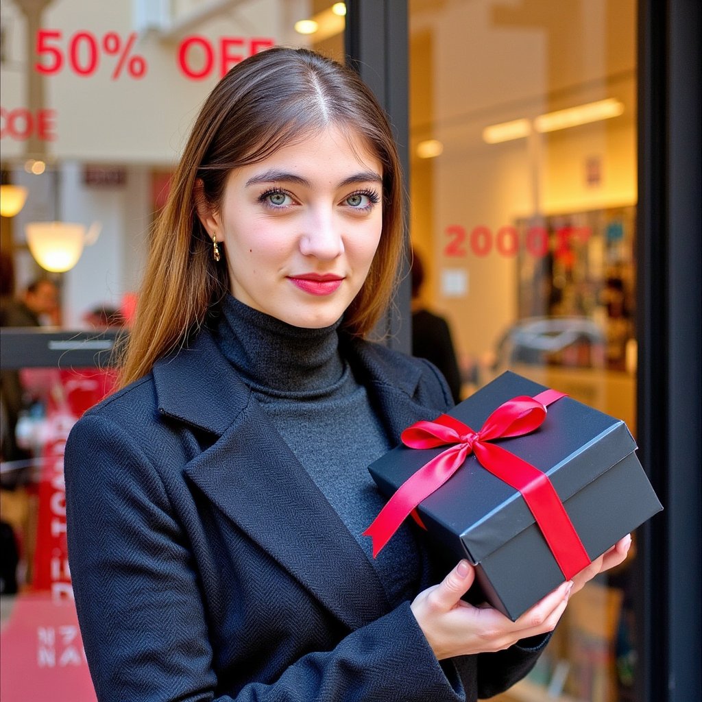 A poised woman (female) framed as a tight headshot in front of a glossy storefront, holding a matte-black gift box with a deep red satin ribbon just below the chin. Hairstyle: sleek lob tucked behind one ear; makeup: soft matte skin, neutral taupe eyeshadow, fine winged liner, satin nude lips. Attire: black herringbone wool coat over a charcoal cashmere turtleneck; subtle gold mini hoop earrings. Pose: chin slightly down, eyes to camera, faint smile; no motion. Camera: 85mm prime, f/1.4, eye-level, focus on near eye; Lighting: warm tungsten window glow as key from camera left, cool LED rim from the right, delicate catchlights. Background: bokeh of red “50% OFF” window decals and glass reflections; minimal clutter. Fabric details: visible wool grain, cashmere fuzz, ribbon sheen. Color palette: black/charcoal with restrained red accent. Highly detailed, highly realistic, HDR, high resolution.