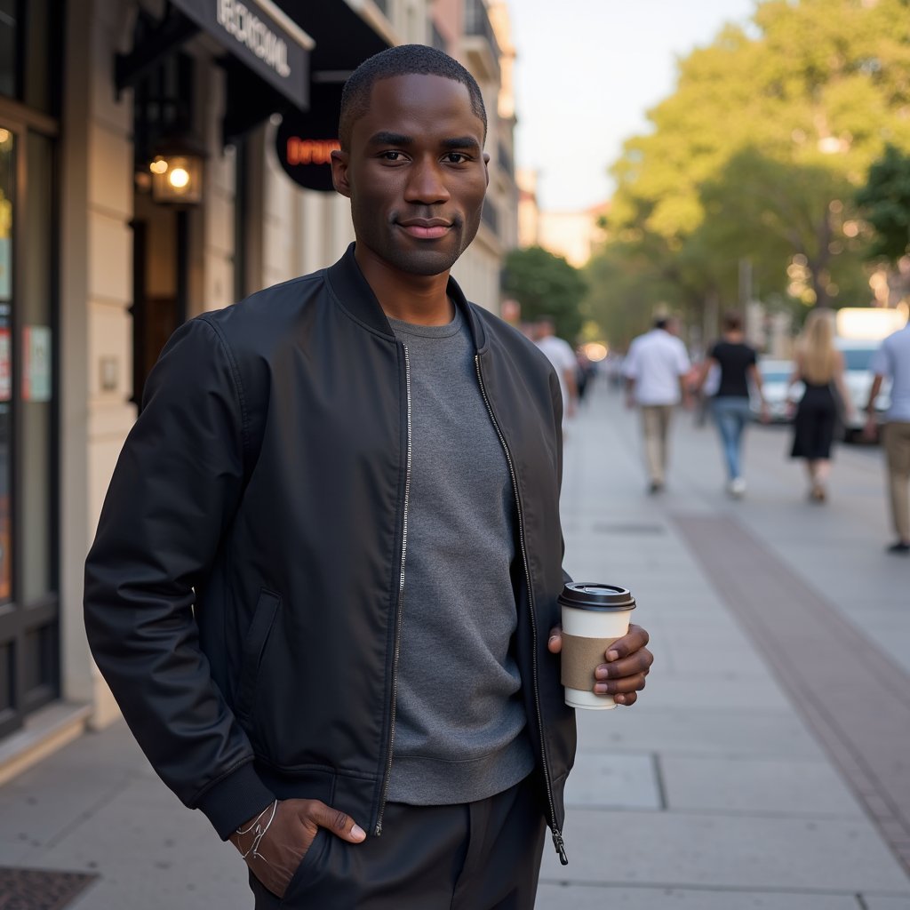 man wearing a sleek, dark bomber jacket over a fitted charcoal t-shirt, his body angled at a subtle thirty degrees, casting a confident gaze directly at the camera with a subtle, intriguing smirk. The harsh daylight sculpts strong, defined contours across his face, highlighting detailed skin texture, while the crisp edges of his clothing are sharply rendered against the softly blurred backdrop of a gritty city alleyway, subtly lit by the urban glow.