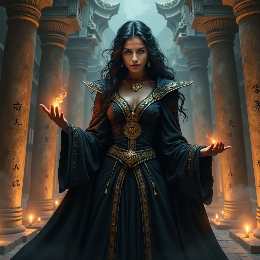 Illustrate a regal vampire priestess standing in an ancient temple filled with towering stone columns and intricate carvings. She has dark skin, striking gold eyes, and wears a ceremonial robe adorned with golden symbols. Her hands are raised in a mysterious ritual as dark magic swirls around her, and candles and torches cast a warm yet haunting glow. The temple is ancient and worn, with symbols from forgotten languages covering the walls