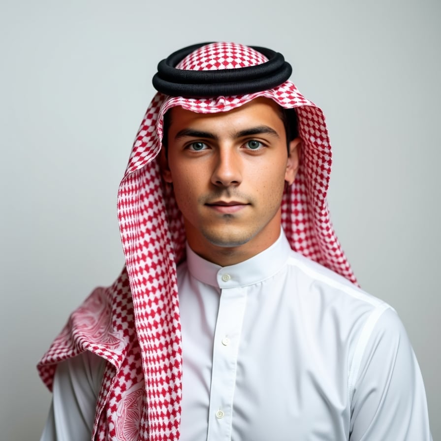 A passport-size photo of a person wearing a traditional thobe and keffiyeh, adhering to cultural norms. The background is plain and light-colored, with balanced lighting and no shadows. The individual is centered and has a neutral expression