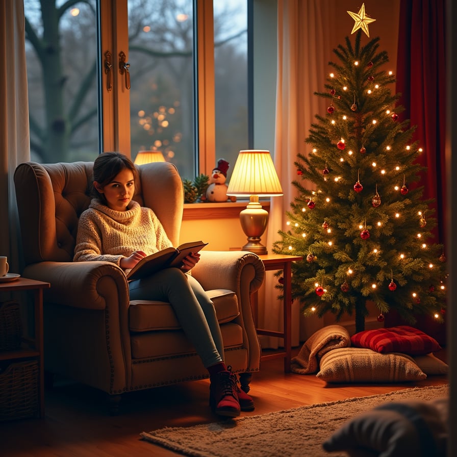 A warm and cozy living room, a softly lit lamp beside a plush armchair, where someone holds an open book. Nearby, a Christmas tree glows, a few blankets and pillows scattered around, and possibly a mug of cocoa on a side table, evoking a storytime mood.




