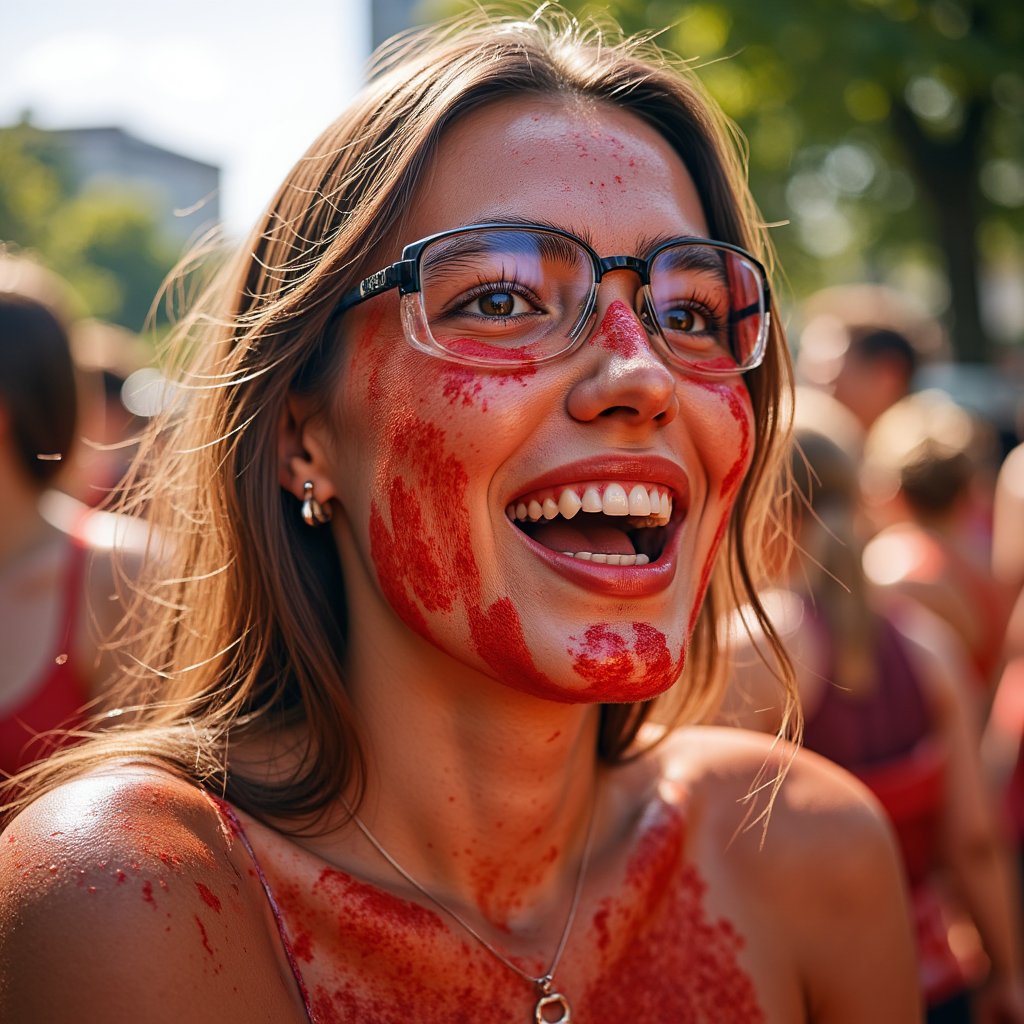 Close-up portrait of a joyful woman mid-laugh, face splattered with tomato juice, hair soaked, wearing protective goggles, La Tomatina festival vibe