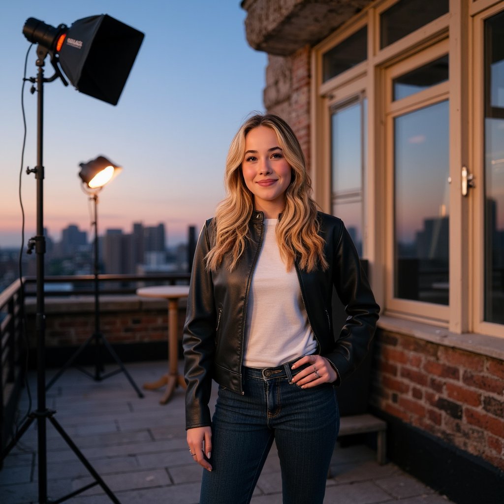Highly detailed, highly realistic, HDR, 8k rooftop interview setup at dusk; camera: 35mm, f/2.8, wide establishing; lighting: battery-powered soft key on stand + city ambient; pose: host standing with mic, guest chair slightly angled; attire (host): black leather jacket (fine grain), dark jeans; hair: swept-back, wind-touched; facial detail: gentle catchlights; background: skyline with twilight gradient, light lens flare, minimal clutter (two light stands visible but tidy).