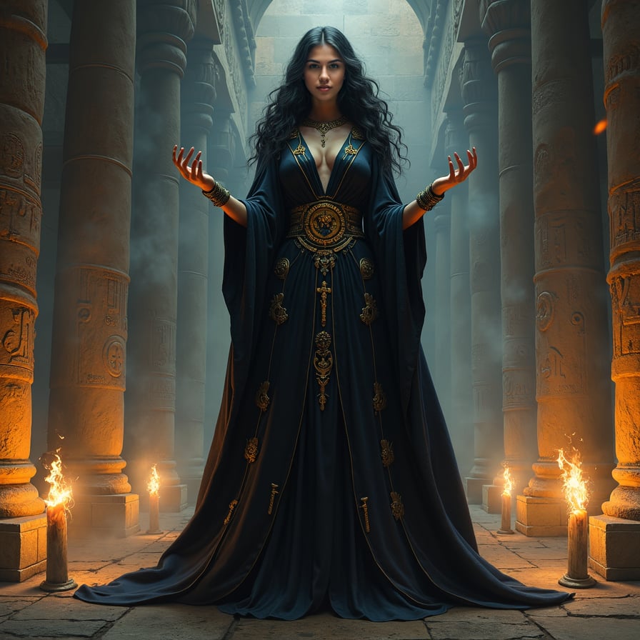 Illustrate a regal vampire priestess standing in an ancient temple filled with towering stone columns and intricate carvings. She has dark skin, striking gold eyes, and wears a ceremonial robe adorned with golden symbols. Her hands are raised in a mysterious ritual as dark magic swirls around her, and candles and torches cast a warm yet haunting glow. The temple is ancient and worn, with symbols from forgotten languages covering the walls