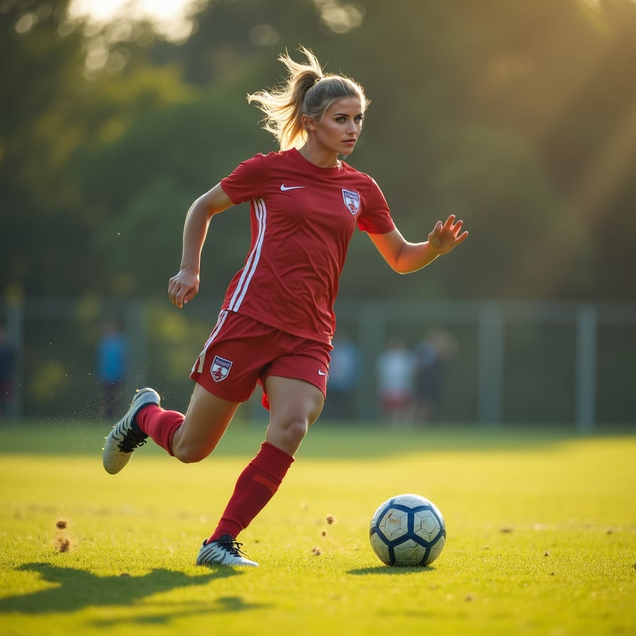 Athletic woman playing soccer, dynamic pose, sunlit field.