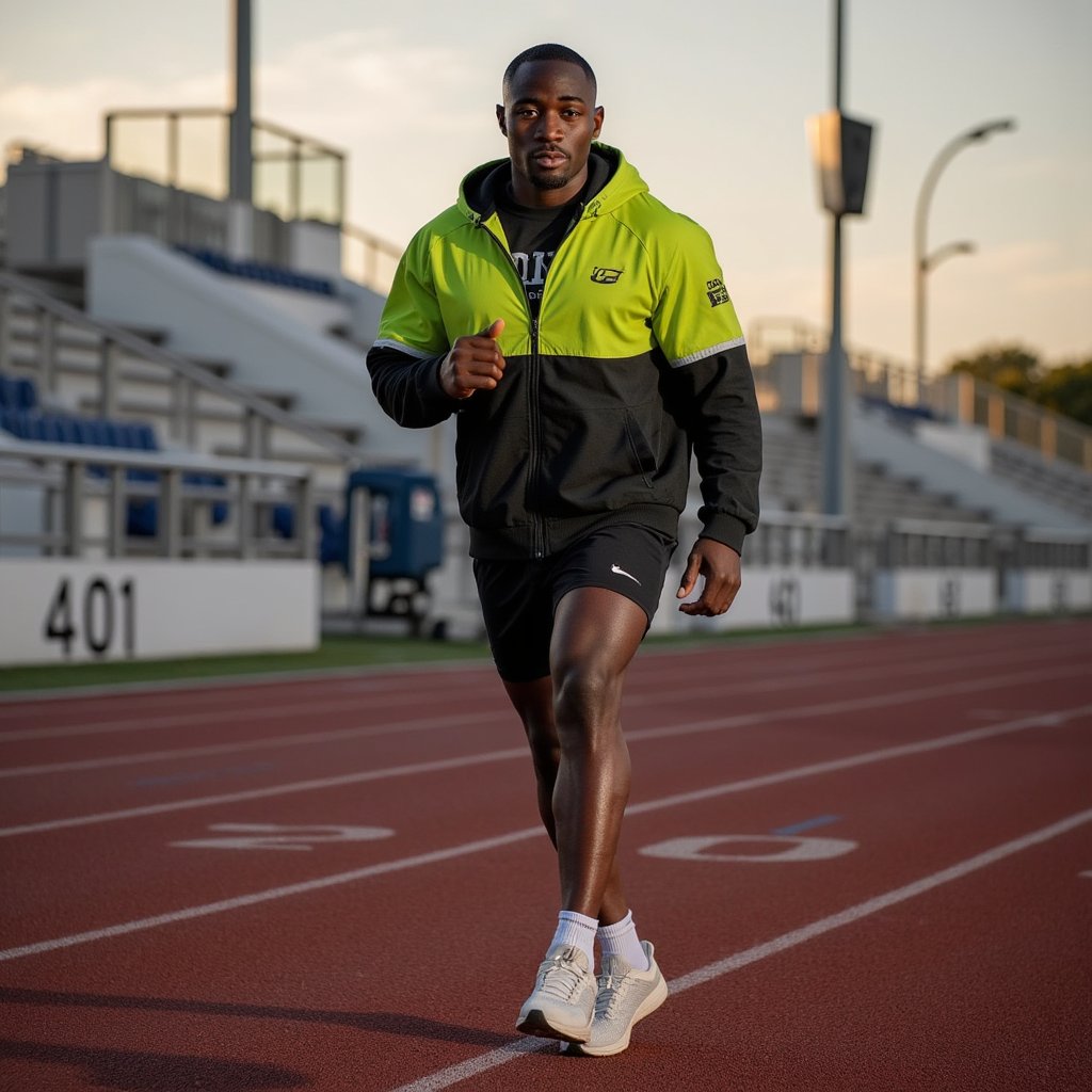 Man sprinting on a red tartan track at sunrise, breath visible in cool air; short fade haircut, slight stubble, intense forward focus; neon windbreaker half-unzipped over a compression tee, running tights layered with lightweight split shorts, knit mesh running shoes; dynamic panning shot at hip height to emphasize speed, 50mm, f/2.8, 1/60, ISO 200 with controlled subject sharpness and motion-blurred background; golden hour backlight with warm rim on shoulders and cool ambient fill from the sky; stadium bleachers and lane numbers softly blurred, minimal clutter; fabric wrinkles and reflective piping on windbreaker clearly rendered; highly detailed, highly realistic, HDR