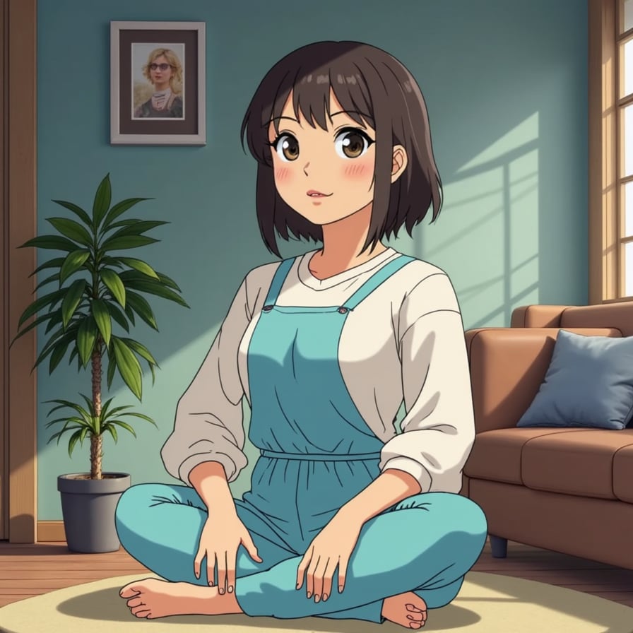 Medium to wide angle shot of a woman, relaxed pose, front camera perspective. Styled in Studio Ghibli’s signature anime look with soft colors, painterly details, and subtle facial expressions. The overall vibe is cozy, storybook-like, and reminiscent of classic animated films.
