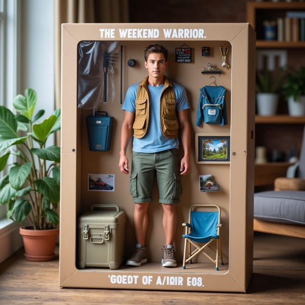 A male action figure wearing cargo shorts and a fishing vest, posed with a fishing rod, cooler, campfire mug, and hiking boots. Label: THE WEEKEND WARRIOR.
