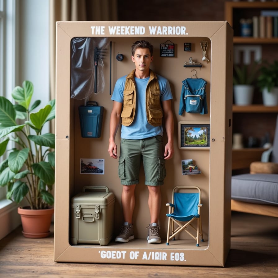 A male action figure wearing cargo shorts and a fishing vest, posed with a fishing rod, cooler, campfire mug, and hiking boots. Label: THE WEEKEND WARRIOR.
