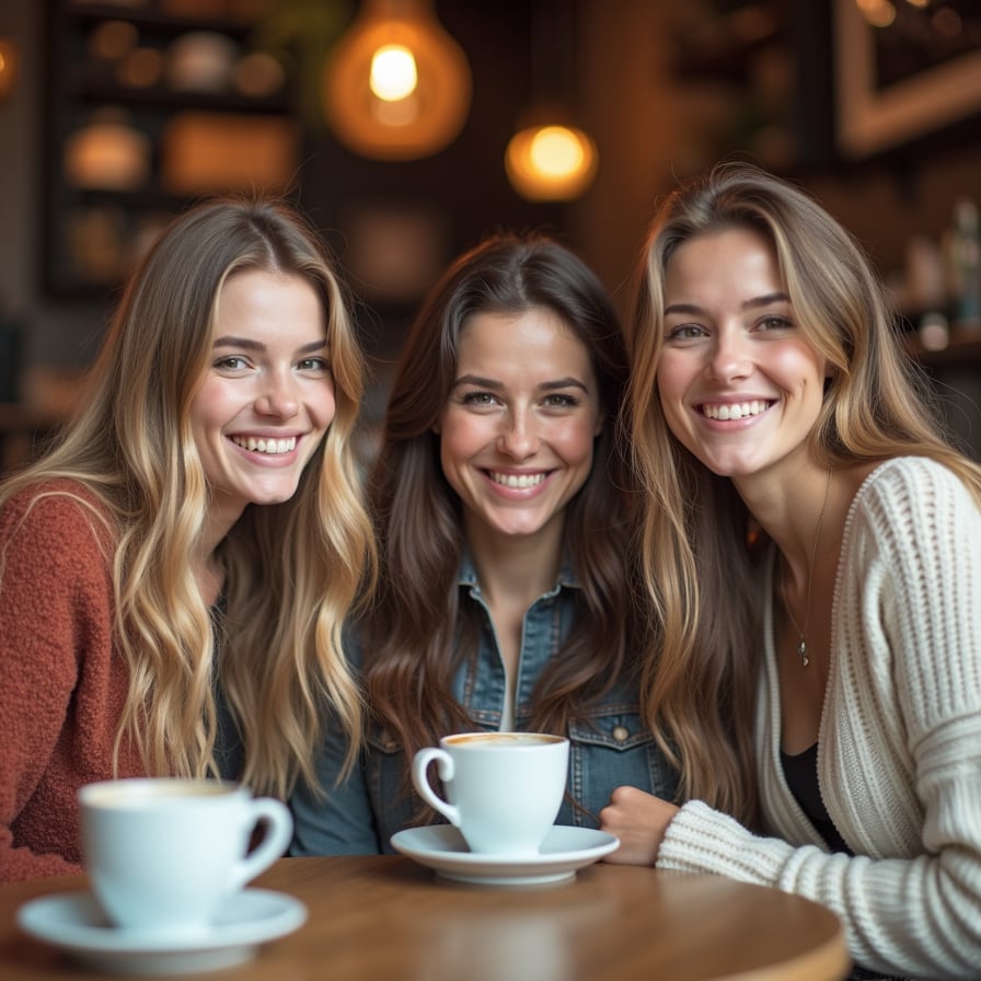 Three female friends in a busy café, camera far away, faces small in frame, warm indoor light