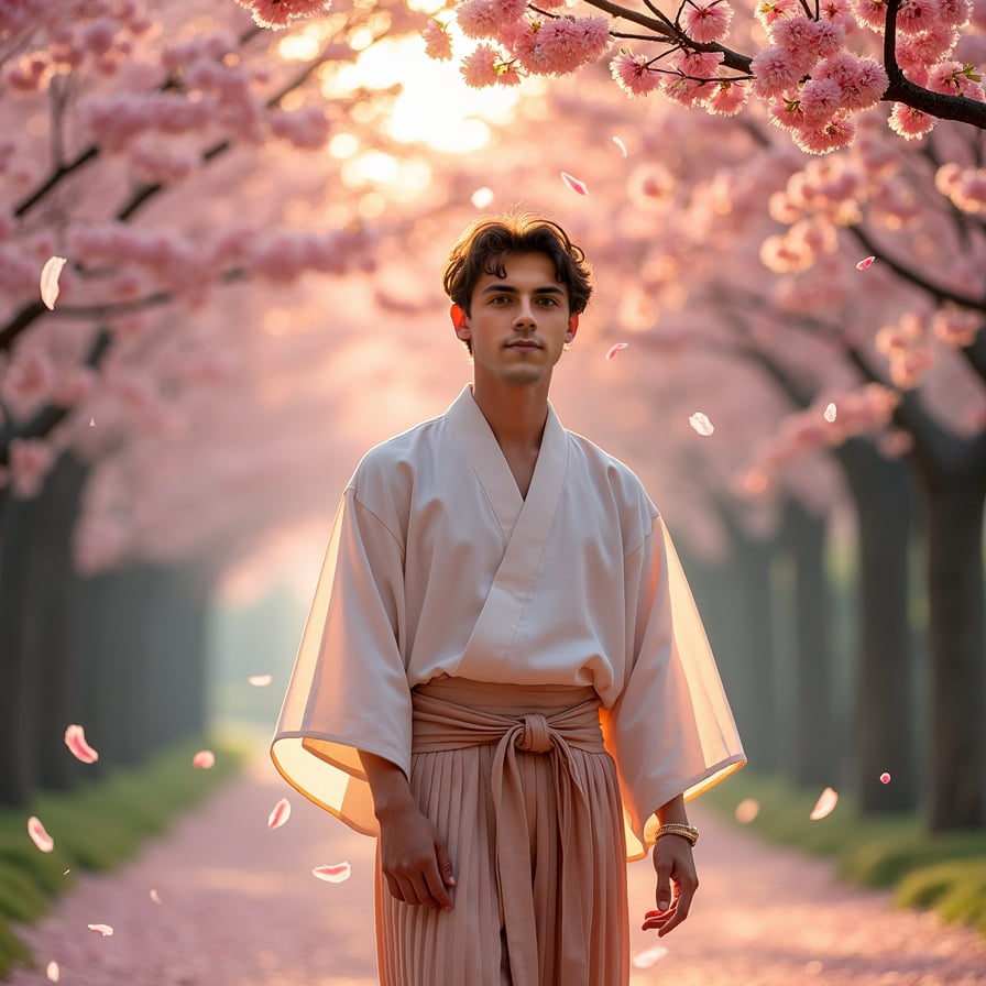 A young man in a traditional Japanese kimono walks under a canopy of pink sakura trees, petals gently falling around him. The setting sun casts a golden glow, creating a serene and dreamlike atmosphere.
