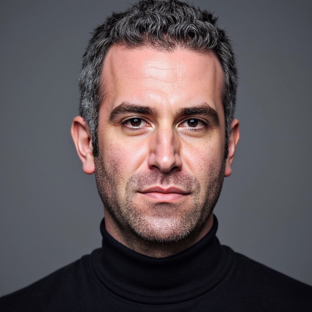 Front-facing close-up of a man wearing a black turtleneck. Clean-shaven, sharp jawline, subtle forehead lines visible. Background: solid muted grey. Even studio lighting creates balanced highlights across cheekbones and nose bridge. Hair texture and skin pores rendered naturally.
