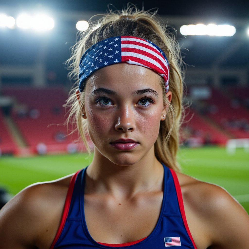 Close-up headshot of a determined athlete wearing a national flag bandana, sharp jawline and intense eyes, dark background with rim light outlining face