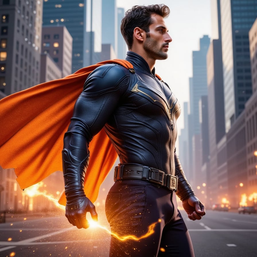 Heroic New Avenger male, wielding a glowing energy weapon, torn cape flowing in the wind, surrounded by chaos and fire, intense expression, ultra-detailed, hyperrealistic 8K render