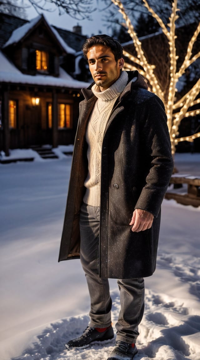 Man in a thick, winter coat, warmly lit by festive lights, Christmas tree in the background, moonlit snow, dark black sky, magical winter wonderland atmosphere