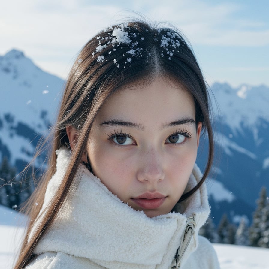 man headshot at a snowy mountain lookout, cold icy wind ambience, distant mountains softly blurred behind him, soft blue-white winter lighting, gentle snow around face, crisp facial detail, highly realistic, HDR