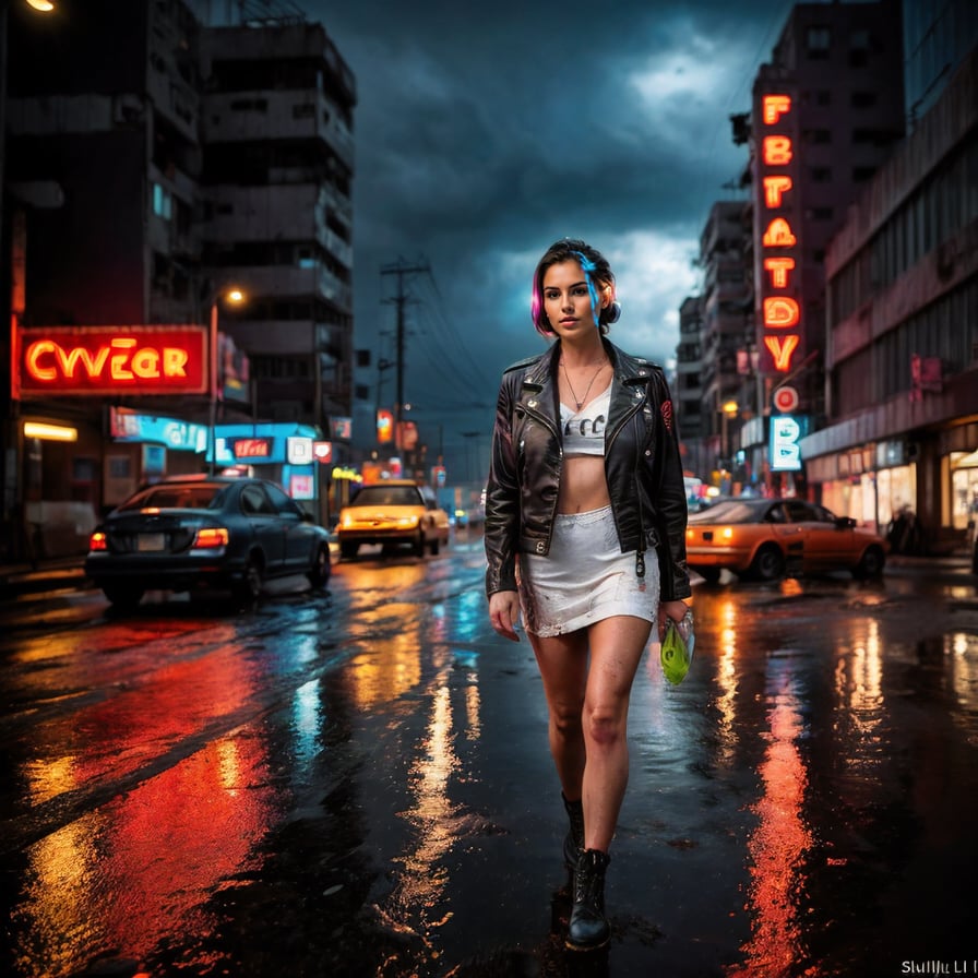 Cyber-enhanced woman, cyberpunk cityscape, neon lights, intense, cinematic.