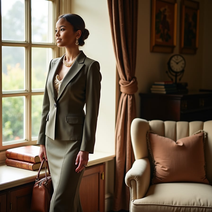 woman radiating old-money grace. She is standing near a large window with natural light streaming in, wearing a timeless outfit like a tailored blazer or a flowing gown. The background is clean and refined, with soft, luxurious textures that complement her polished look