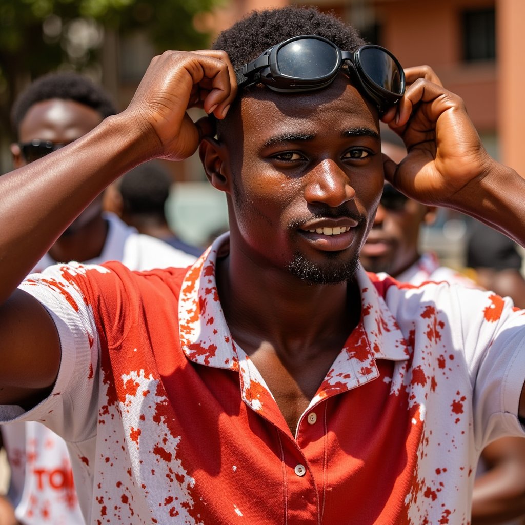 Dynamic portrait of a young man with goggles pushed up, tomato pulp stuck to shirt, smiling through the mess, summer light — a moment from La Tomatina
