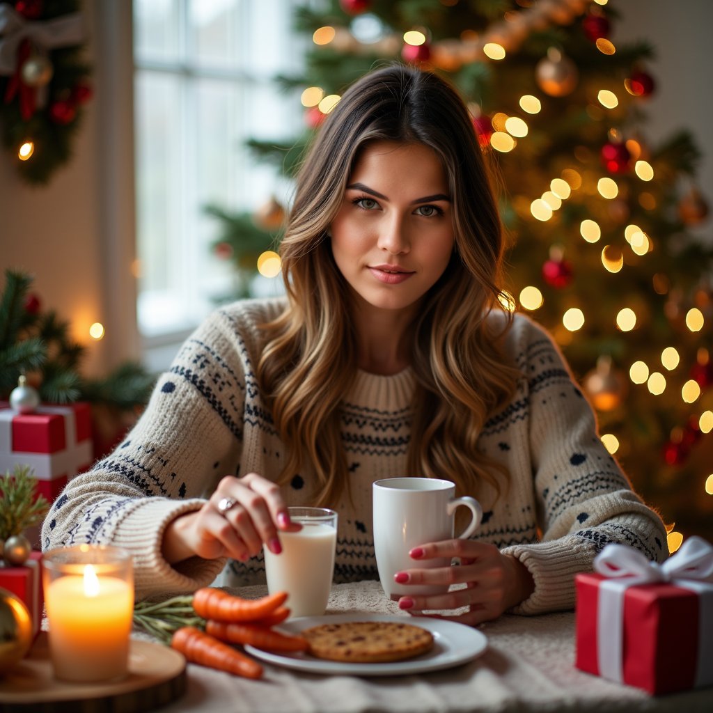 woman placing milk and cookies on a festive holiday table, alongside a few carrots for Santa's reindeer, wearing a cozy holiday sweater with snowflakes or reindeer patterns, a kind smile, warm golden lighting, surrounded by cozy Christmas decorations including candles, garlands, and a Christmas tree in the background, soft focus on the ornaments and lights.