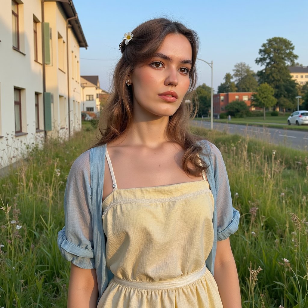 Ultra-realistic 1960s senior girl portrait taken outdoors in a meadow near the school, framed from the waist up with a 55mm lens at f/2 for creamy bokeh. She wears a pastel yellow A-line dress in lightweight cotton, the weave faintly visible, with a thin white belt cinching the waist. A lightweight cardigan in pale sky-blue is draped loosely over her shoulders. Her blonde hair is styled in a half-up twist with curled ends, a small white daisy tucked into one side. Her expression is serene, lips softly parted, gaze lowered toward the ground as if lost in thought. Sunlight filters through tall grass, casting delicate shadows along her dress and forearms. Background is a warm blur of wildflowers and school fencing far in the distance, barely perceptible.