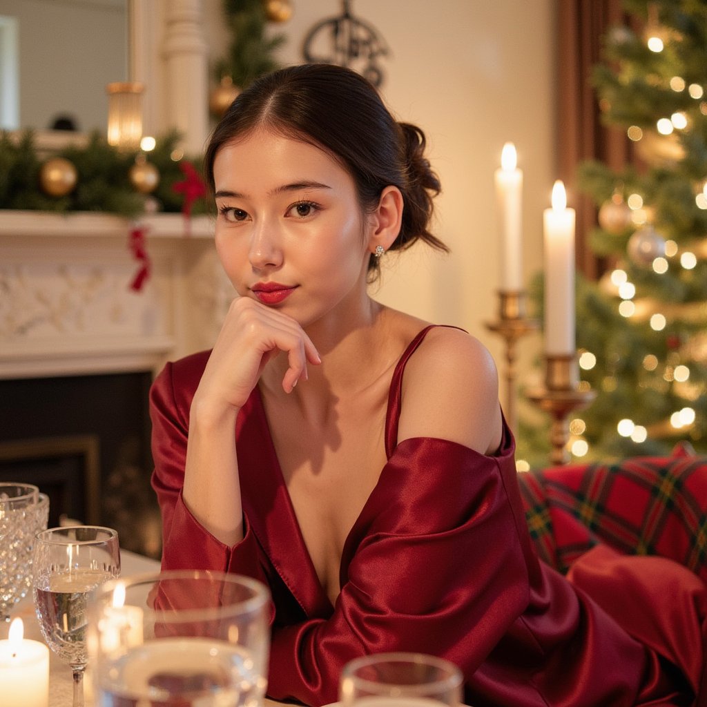 A close-up portrait of a woman seated at an elegantly set Christmas dinner table, chin resting lightly on her hand, eyes toward camera, half-smile. Hairstyle: neat bun with a few tendrils, small diamond stud earrings. Attire: crimson satin dress with off-shoulder neckline, subtle shimmer. Fabric details: satin reflection, delicate stitch definition, gleam from candlelight. Camera: close 85mm portrait, f/1.4 for dreamy shallow DOF. Lighting: candlelight key + dim ambient fill; warm and moody. Background: blurred crystal glassware, soft golden bokeh from tree lights; no visible clutter. Render: highly detailed, highly realistic, HDR; lifelike skin sheen from candle reflection, crisp catchlights.