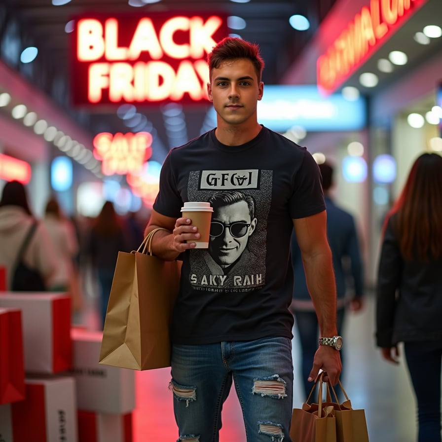 man in a stylish graphic t-shirt and distressed denim jeans, holding shopping bags from luxury brands, coffee cup from a trendy cafe, surrounded by piles of shopping bags from popular brands, in a busy shopping mall on Black Friday, under neon lights, against a backdrop of giant sale signs.
