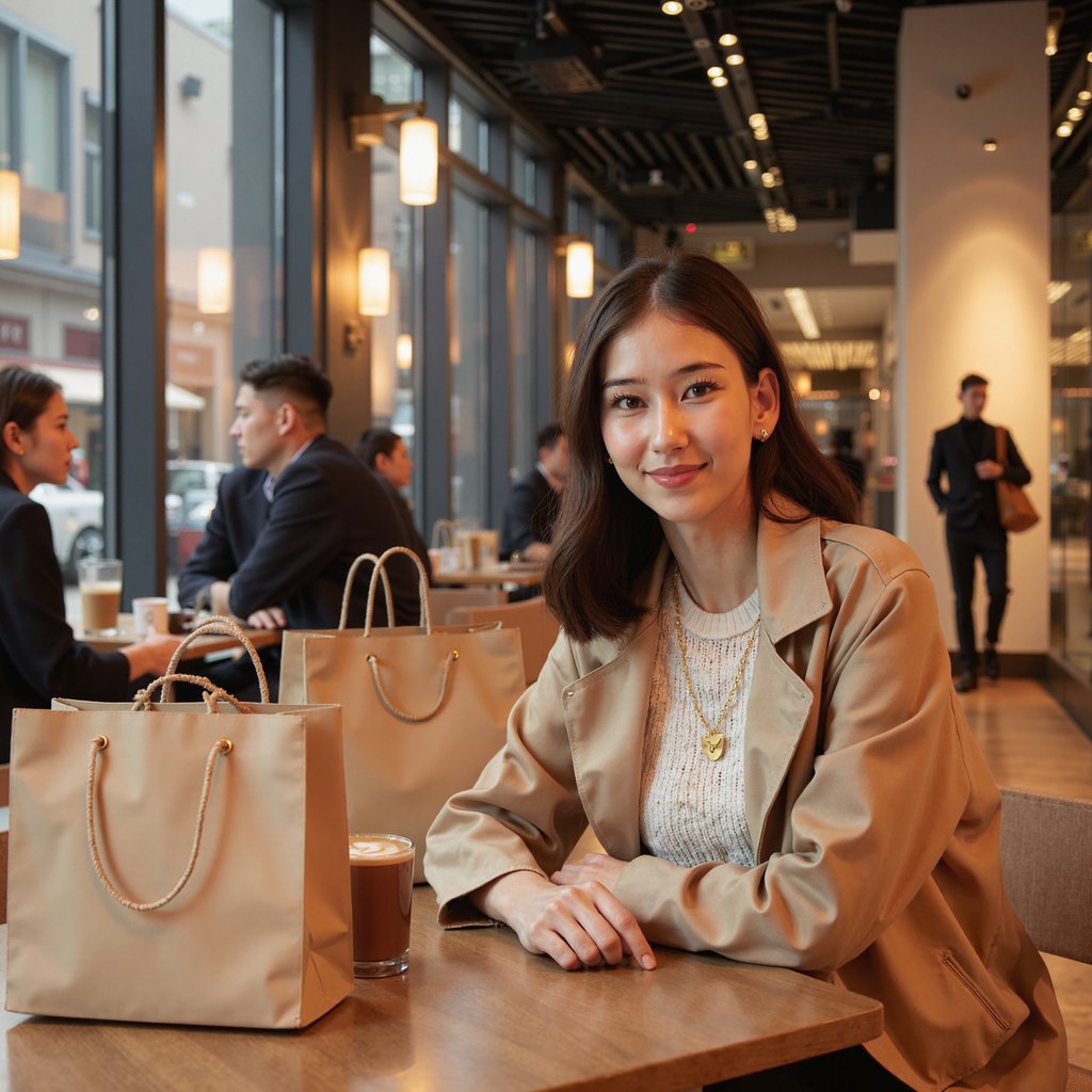 A woman (female) seated at a café table, two elegant shopping bags beside her with gold rope handles. Hairstyle: mid-length loose waves, soft gloss; makeup: natural warm tones, luminous finish. Attire: camel trench coat partially open over a white ribbed knit sweater; dainty gold chain necklace. Pose: forearms on table, leaning slightly forward, gentle smile toward camera, relaxed composure. Camera: 50mm lens, f/1.8, waist-up framing with slight overhead tilt. Lighting: window daylight key from left, warm café fill, subtle reflections on tabletop. Background: blurred bokeh of interior lights and patrons, muted warm tones, minimal clutter. Detail: visible fabric grain, latte foam texture, gold handle reflections. Highly detailed, highly realistic, HDR, high resolution.