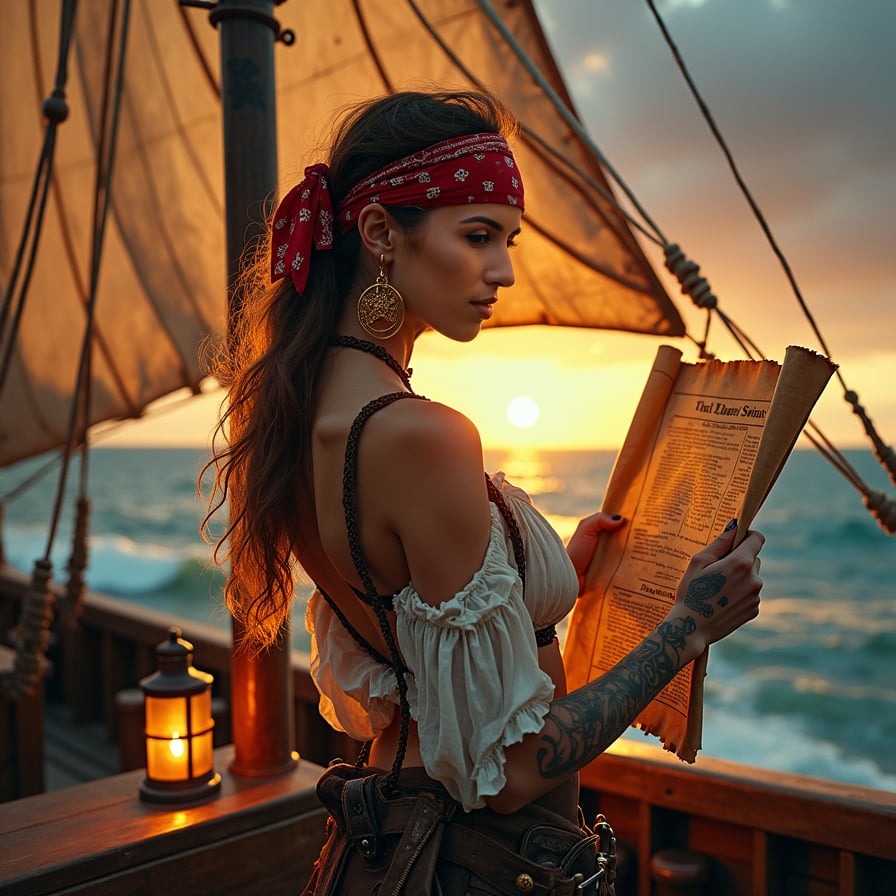 woman in pirate attire, holding a worn, yellowed treasure map, standing at the bow of a rustic, weathered pirate ship, surrounded by billowing sails and ropes, with a worn, leather-bound chest and a lantern nearby, under the warm, golden light of a tropical sunset.