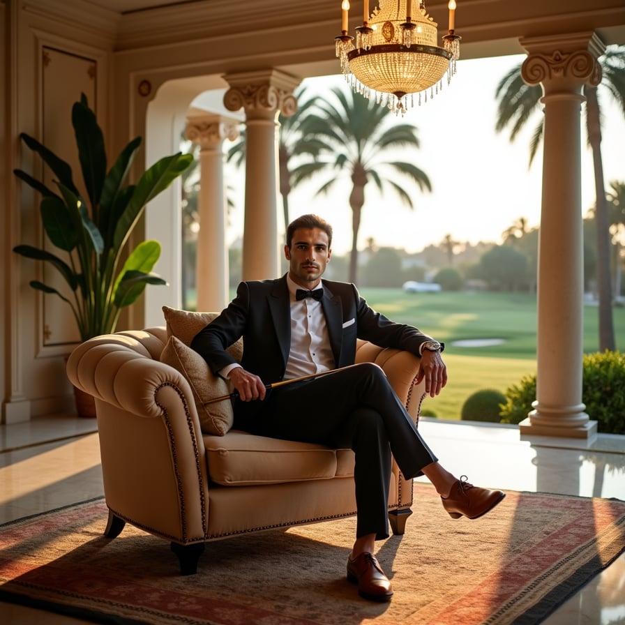 man wearing a tailored golf polo shirt and luxury golf shoes, posing with a golf club on a private golf course, surrounded by lush greenery and extravagant villas, under the warm golden light of a sunny afternoon.