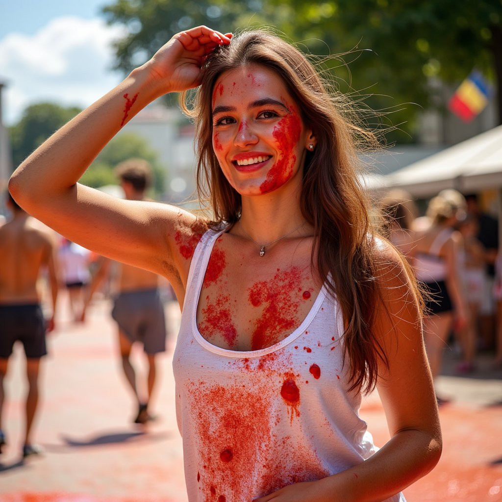 Knee-up portrait of a woman in a white tank top soaked with tomato sauce, one hand raised mid-throw, sunny outdoor light, La Tomatina energy