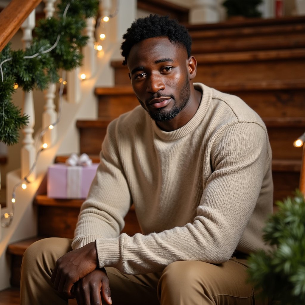 slightly high angle, close up of a man sitting on a wooden staircase decorated with simple christmas garland and subtle string lights along the railing. he wears a casual knit sweater with chinos, one elbow resting on a step behind him as he looks up toward the camera with a relaxed, thoughtful expression. a single opened gift box sits on a lower step, suggesting a quiet break during festivities. the lights along the railing create soft, warm reflections on the wood and gentle highlights in his hair, while the background fades into soft shadow to keep focus on him. the palette stays warm and inviting with just a faint suggestion of cooler tones from a distant window or hallway. cinematic staircase framing, ultra-detailed textures in wood, fabric, and skin, highly realistic, hdr.