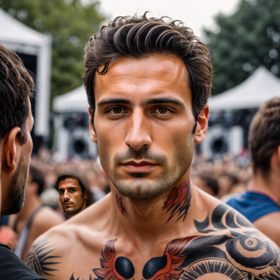 Bold, artistic man, body art, expressive festival spirit.