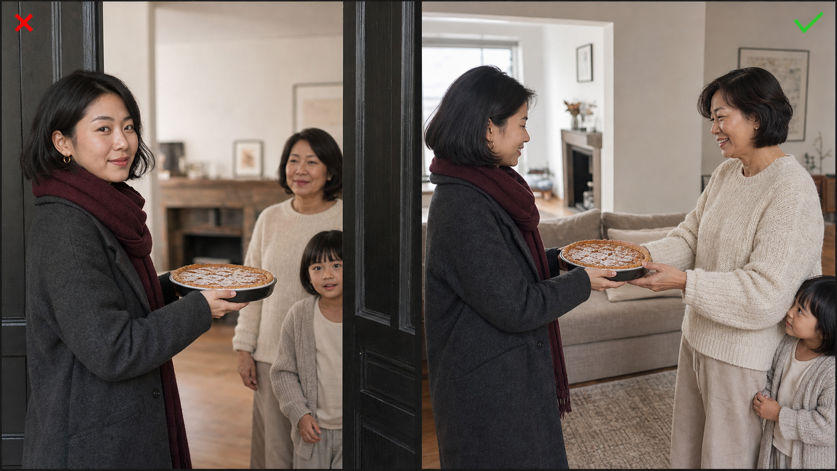 Comparison showing a blocked doorway photo and a candid Thanksgiving pie handoff