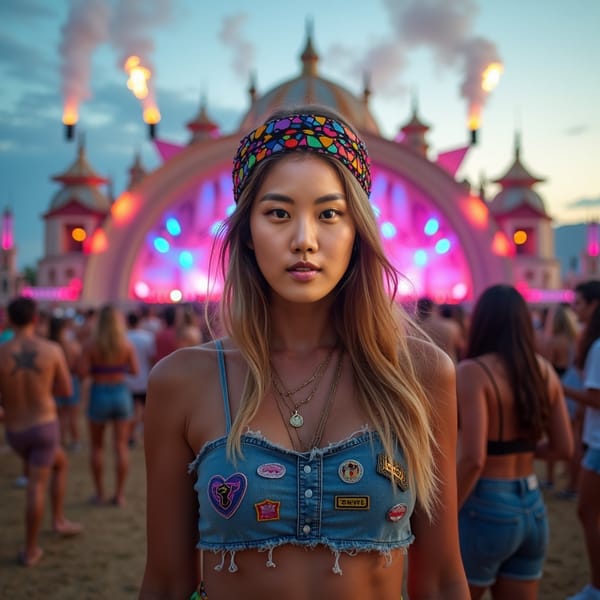 A young woman facing the camera at an outdoor music festival, dressed in bold, creative festival attire with a colorful headband and glitter on her cheeks. Behind her is an elaborate, fantasy-themed stage filled with laser lights and holograms, while people around her dance under a sky lit with fireworks and smoke effects, capturing the magic of the moment