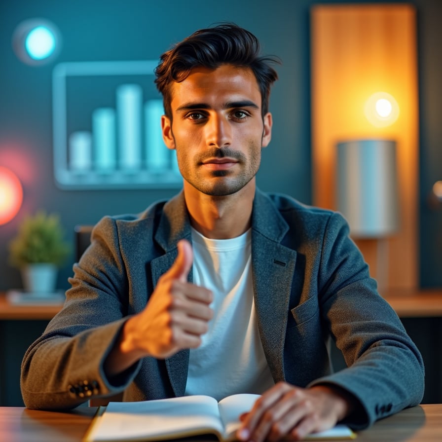 man with a focused and approachable look. He is dressed in a button-up shirt or sweater, pointing to text space or holding a book. The background is clean, with subtle patterns or icons that reflect an educational theme