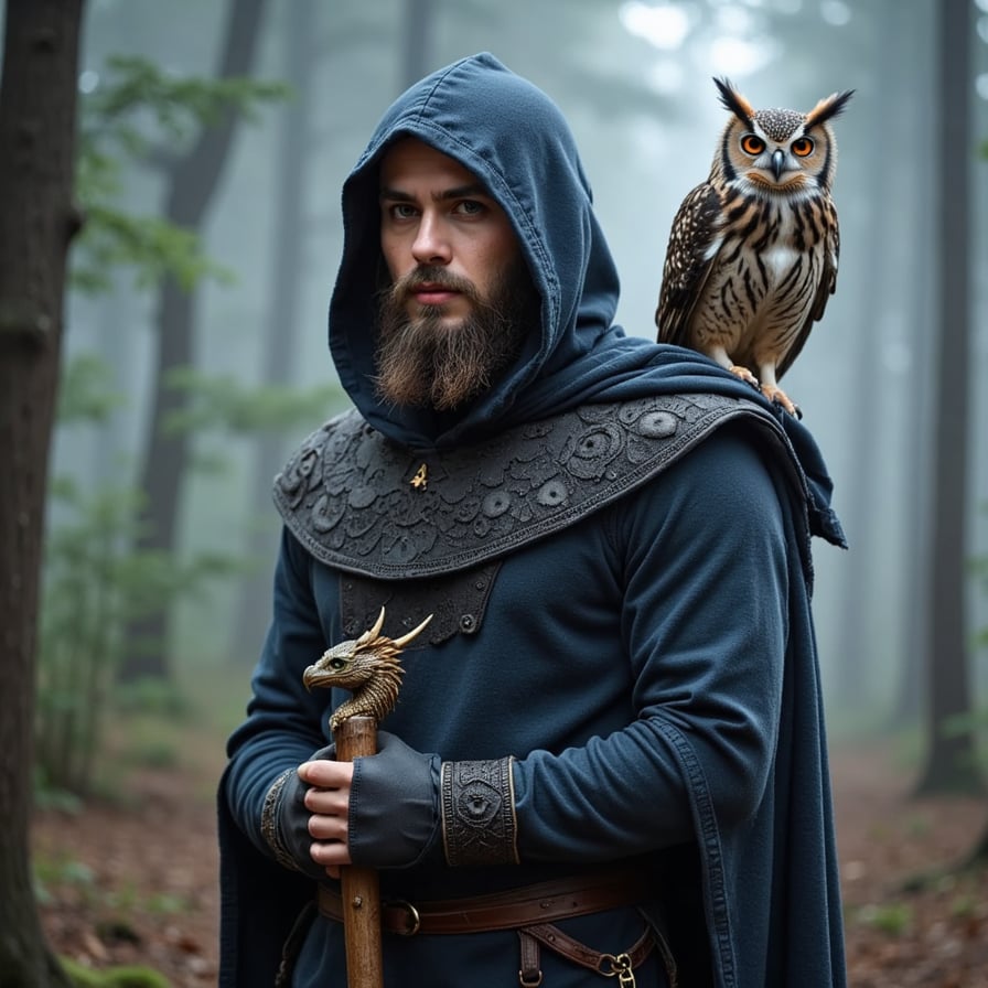 wizard wearing a hooded cloak, possessing an air of mystique, surrounded by misty forest atmosphere, with an owl perched on their shoulder, gazing into the distance with glowing eyes, as a small dragon wraps itself around their staff, symbolizing a profound connection with the mystical creatures of the realm.
