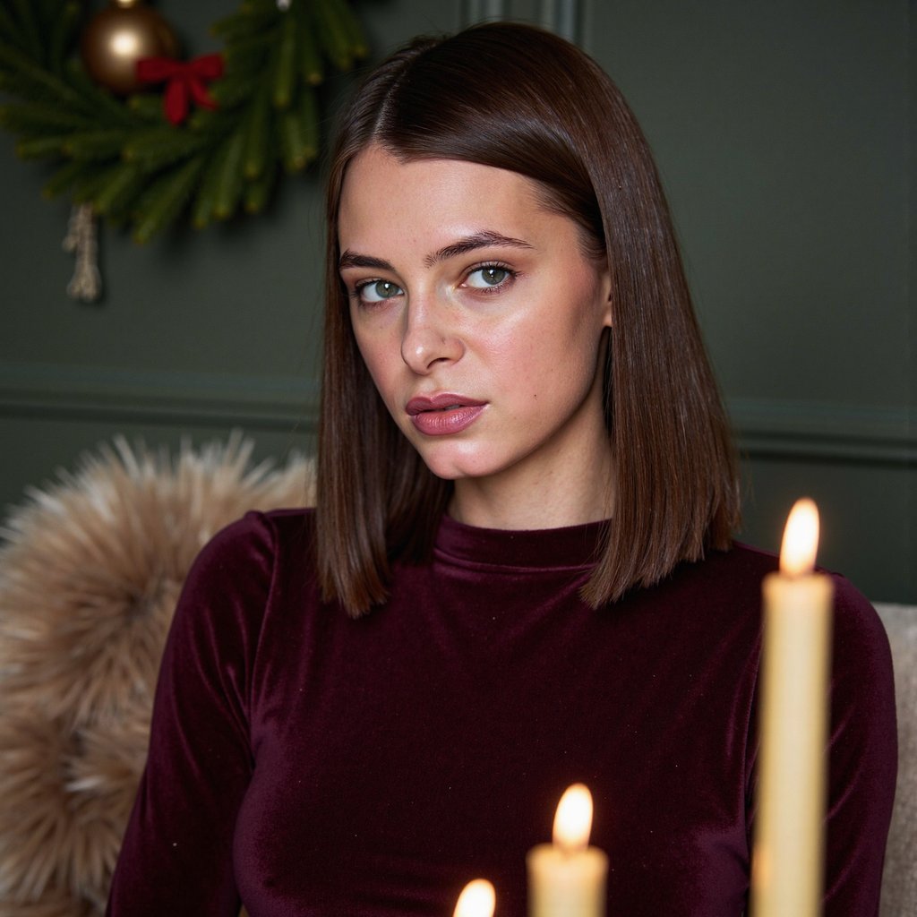 Headshot of a woman seated beside several blurred candles, positioned on the left side of the frame (rule of thirds). She wears a burgundy velvet mock-neck top with visible velvet grain.
Hair: sleek straight hair with a middle part, tucked behind both ears.
Makeup: warm bronze eyeshadow, soft wing, glossy berry lips, subtle candlelit highlight on cheekbones.
Lighting: warm candlelight key with gentle flickering reflections; soft diffused fill from camera-right to balance shadows.
Background: matte dark green wall with minimal décor—just a blurred evergreen garland; minimal clutter.
Camera: 100mm macro portrait, f/2.8; highly realistic, highly detailed, HDR, revealing velvet fibers, natural skin texture, and candle reflections.