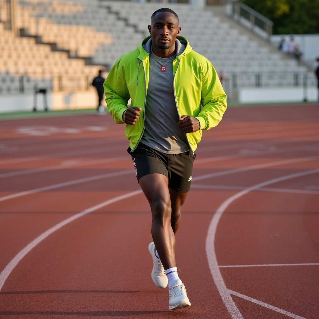 Man sprinting on a red tartan track at sunrise, breath visible in cool air; short fade haircut, slight stubble, intense forward focus; neon windbreaker half-unzipped over a compression tee, running tights layered with lightweight split shorts, knit mesh running shoes; dynamic panning shot at hip height to emphasize speed, 50mm, f/2.8, 1/60, ISO 200 with controlled subject sharpness and motion-blurred background; golden hour backlight with warm rim on shoulders and cool ambient fill from the sky; stadium bleachers and lane numbers softly blurred, minimal clutter; fabric wrinkles and reflective piping on windbreaker clearly rendered; highly detailed, highly realistic, HDR