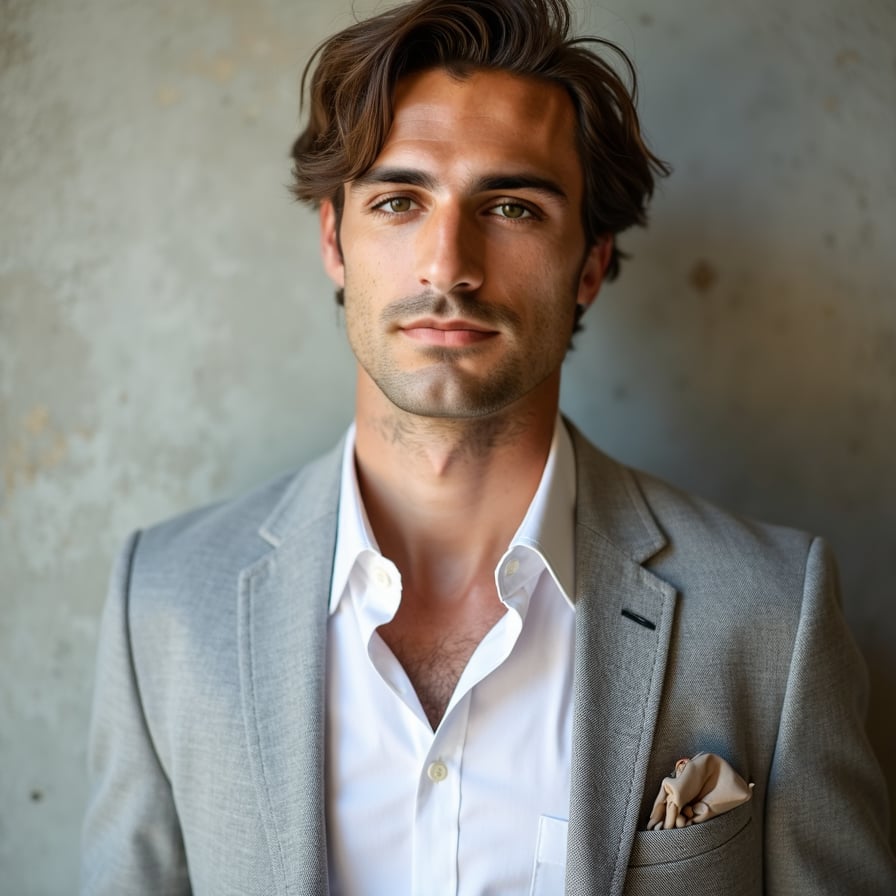 man in timeless attire, such as a crisp white shirt or a blazer. He is posed against a neutral or softly textured background, with natural lighting bringing out his features. His expression is composed and confident, perfect for a profile that stands the test of time