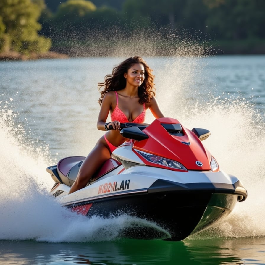 A woman in a neon bikini riding a jet ski at full speed, water spraying everywhere, with a high-energy, summer-party vibe.