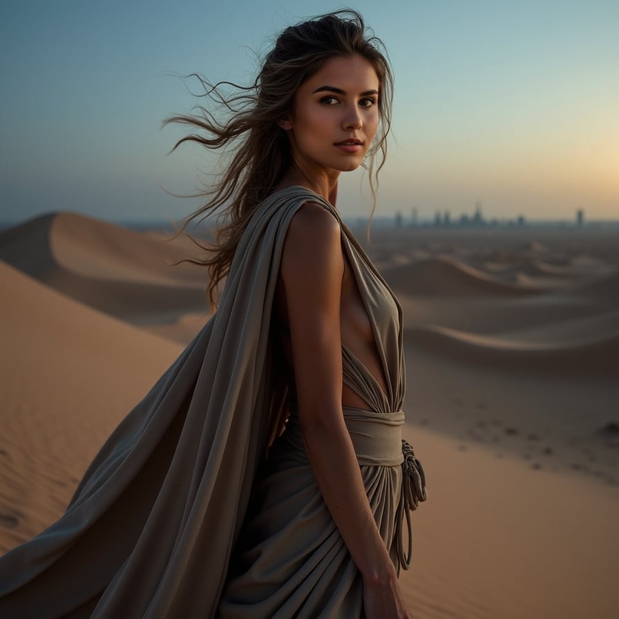 A woman stands in the vast emptiness of a desert, the horizon lit by the first light of dawn. She wears a worn, rugged cloak that billows in the wind, her face partially shadowed but her eyes sharp and determined. Behind her, endless dunes stretch out into the distance, the sky transitioning from deep blue to the warm colors of sunrise. Dust swirls around her, and the overall feel is desolate but hopeful, as if she's on a journey to an unknown destination.