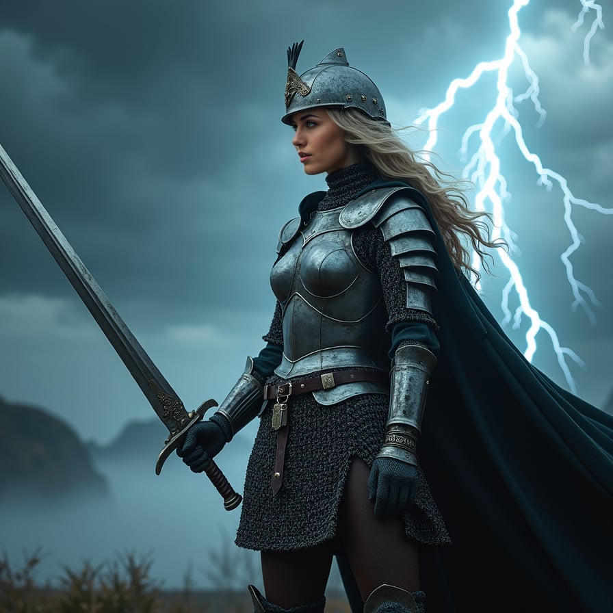 woman in medieval armor, silver-chainmail and leather, wielding a double-edged sword with a fierce grip, standing in a powerful contrapposto stance, her helmet adorned with a crest, against a dark, ominous stormy sky with intense lightning and thunderclouds, lit by a dramatic flash of lightning.