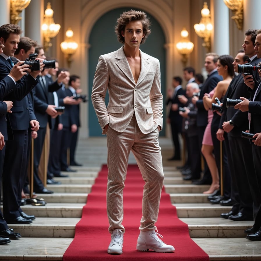 A man in a translucent vinyl suit layered over a neon mesh bodysuit, accessorized with diamond-encrusted sunglasses and platform boots, Met Gala runway