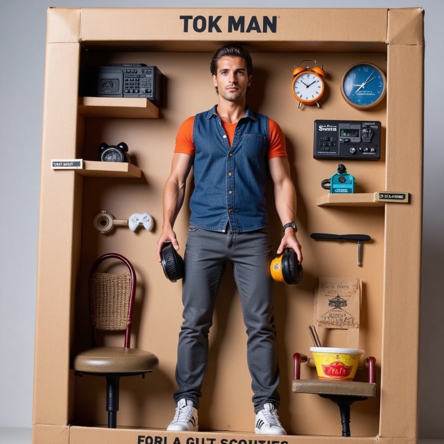Man with gaming controller, headphones, instant noodles, and a messy desk vibe