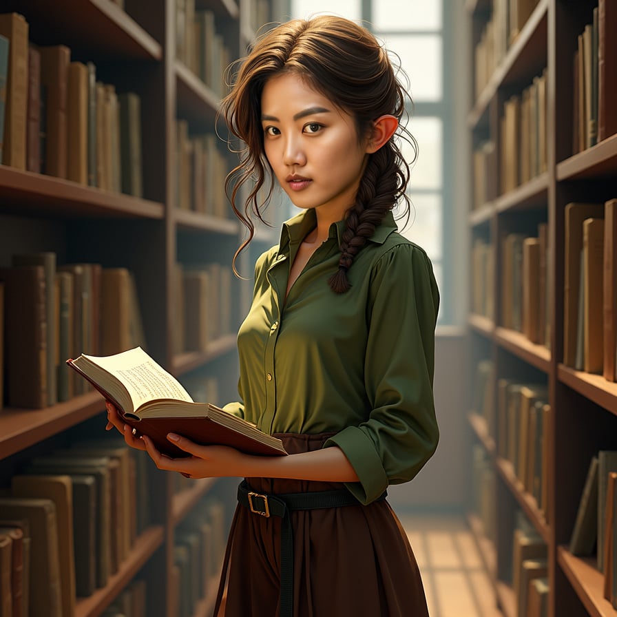 woman wearing a stylish blouse and a skirt or trousers, surrounded by shelves of books, holding a novel or a research paper, under soft, warm lighting, with a subtle background blur of the library's ambient atmosphere